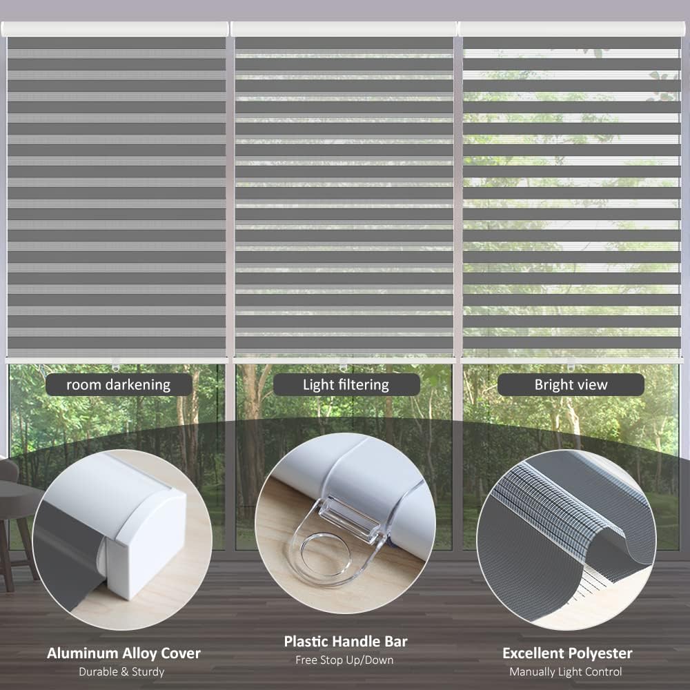 Cordless Zebra Blinds Roller Shades for Window-Dual Layer Sheer Blinds Light Control with Valance Day Night Privacy