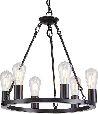 Farmhouse 6 Lights Black Wagon Wheel Chandelier,Modern Vintage Round Pendant Light Fixture for Dining Room,Living Room, Entryway Foyer Kitchen Island, E26 A105-B0D78D9V8L