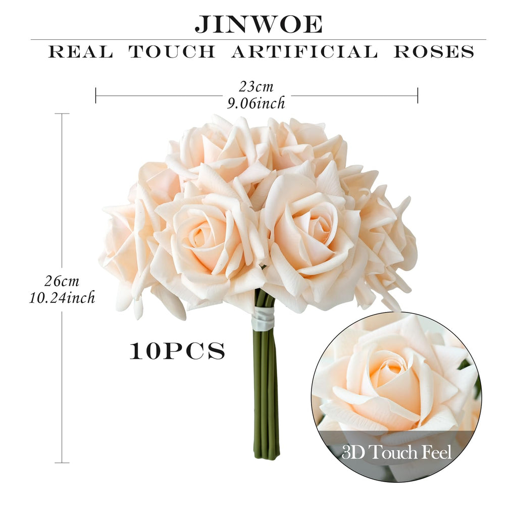 10pcs Cream Real Touch Roses Flowers, Lifelike Full Bridal Bouquet Artificial Flowers for Flower Arrangement Home