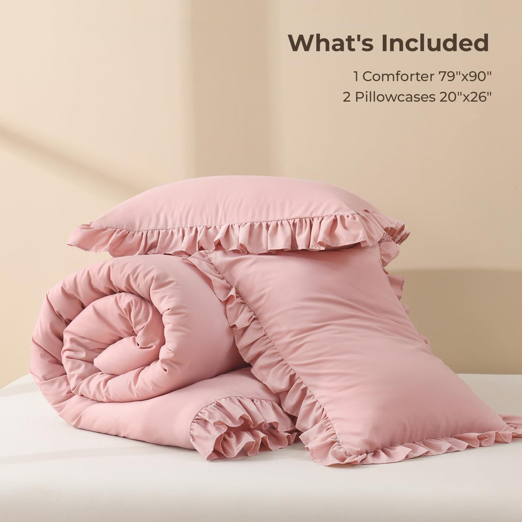 Full Comforter Sets, 3 Pieces Blush Pink Ruffle Girls Women Cute Bedding Comforters & Sets, Lightweight Fluffy