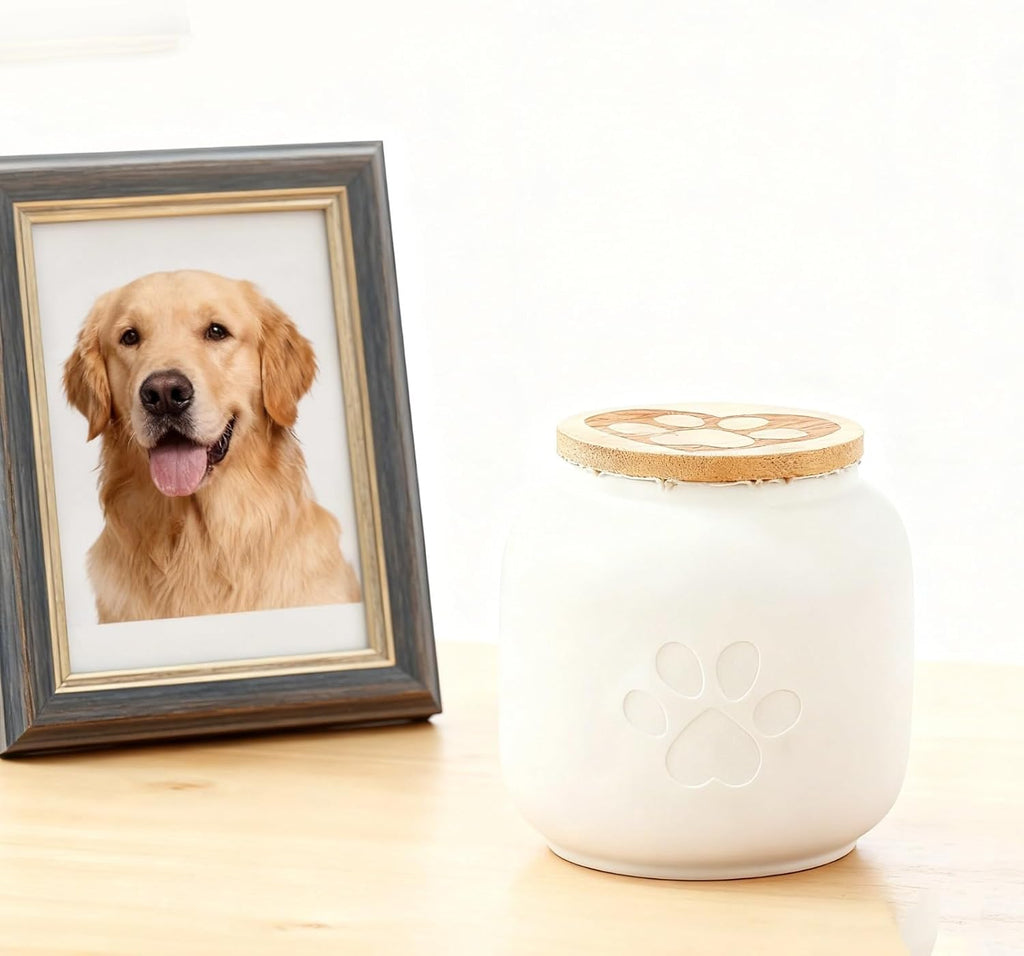 Ceramic Pet Urn for Ashes, Small Pet Cremation Urn for Cats & Dogs, Paw Print Design Keepsake, Moisture-Proof, 500