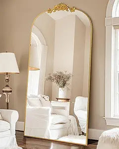 Vintage Full Length Mirror,78"X38" Arched Antique Floor Mirror with Carved Metal Frame,Large Standing Wall Mounted Or