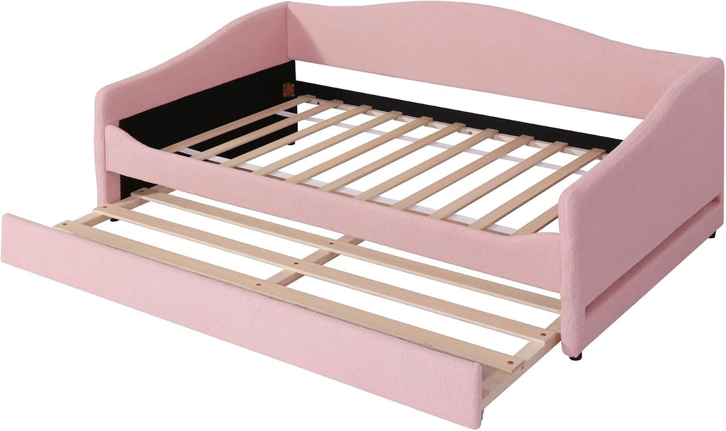 Full Size Upholstered Daybed with Trundle and LED Lights, Modern Wood Teddy Fleece Bed Frame with Slats Support and