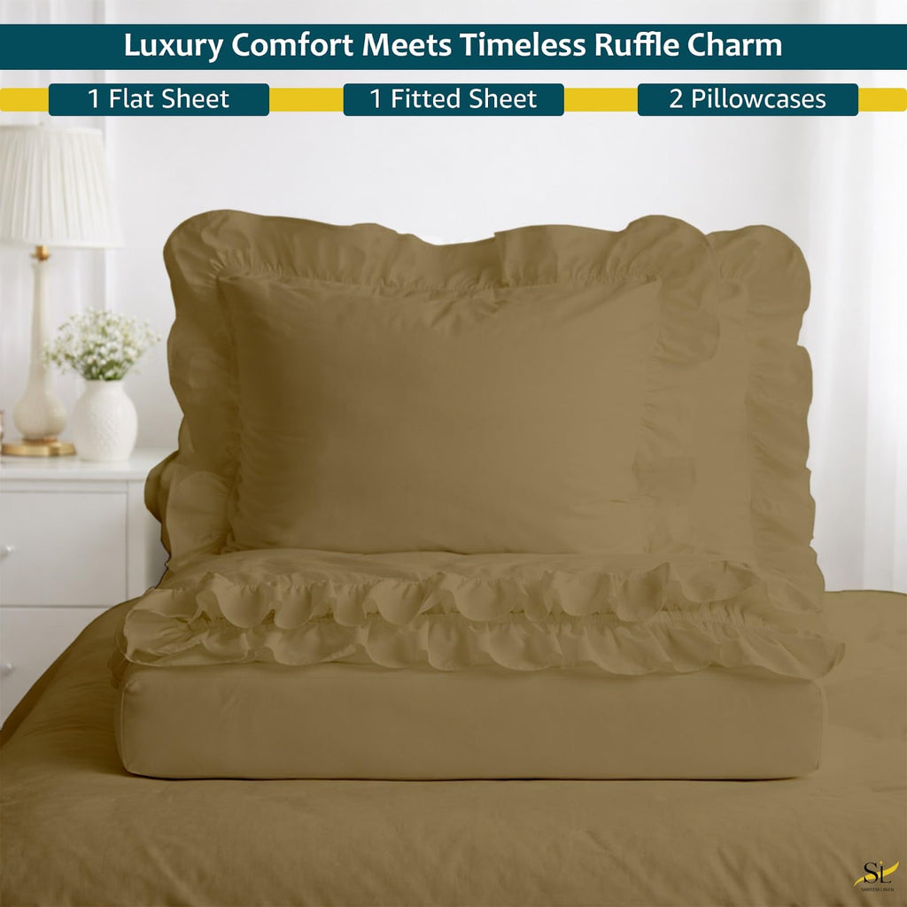 4 Piece Cotton Sheet Set with 6 Inch Ruffle, Soft Breathable Bed Sheets, Smooth Durable Bedding Set