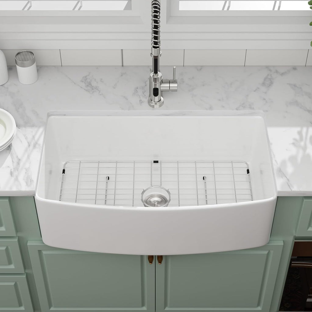 33 Inch Farmhouse Sink White Porcelain Ceramic Apron Front Kitchen Sinks Curved Apron Front Farm Sink Single Bowl
