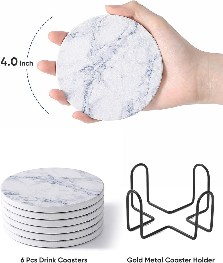 Coasters for Drinks, White Marble-Style Absorbent Coasters with Holder, Housewarming Gifts Decor, Suitable for Kinds - Set of 6
