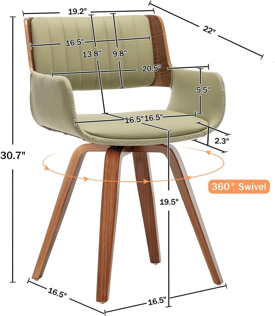 Swivel Dining Chair, Mid-Century Modern Faux Leather Chair with Armrests and Wood Legs, Green