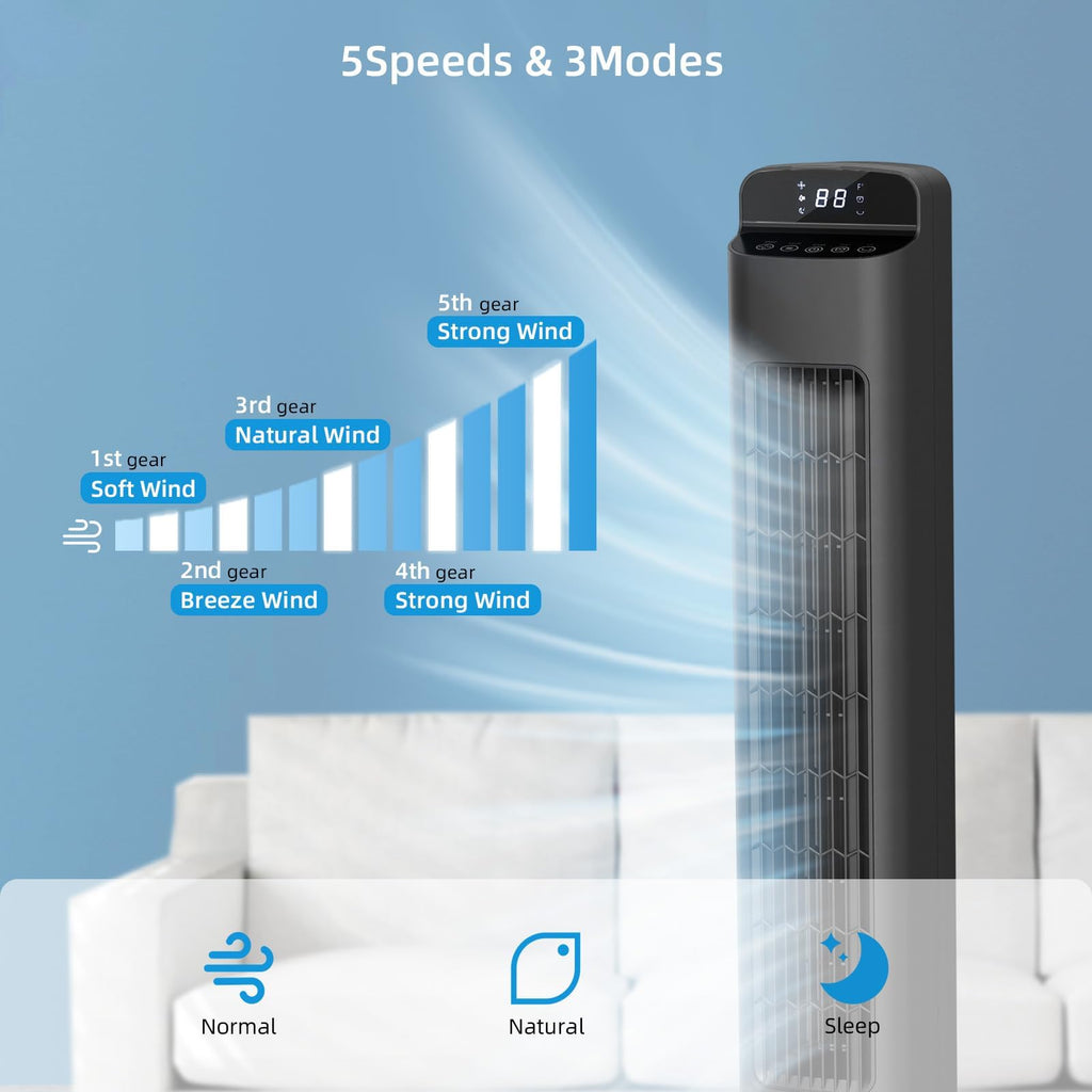 Portable Bladeless Tower Fan, 80° Oscillating Design, Remote Control Included, 5 Speeds & 3 Modes, Quiet Cooling