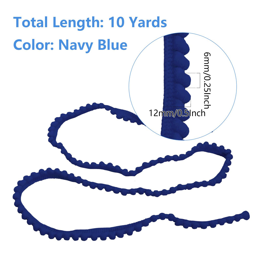 Pom Pom Trim, 1/2" Wide Navy Blue Ribbon, 6mm Balls - 10 Yards