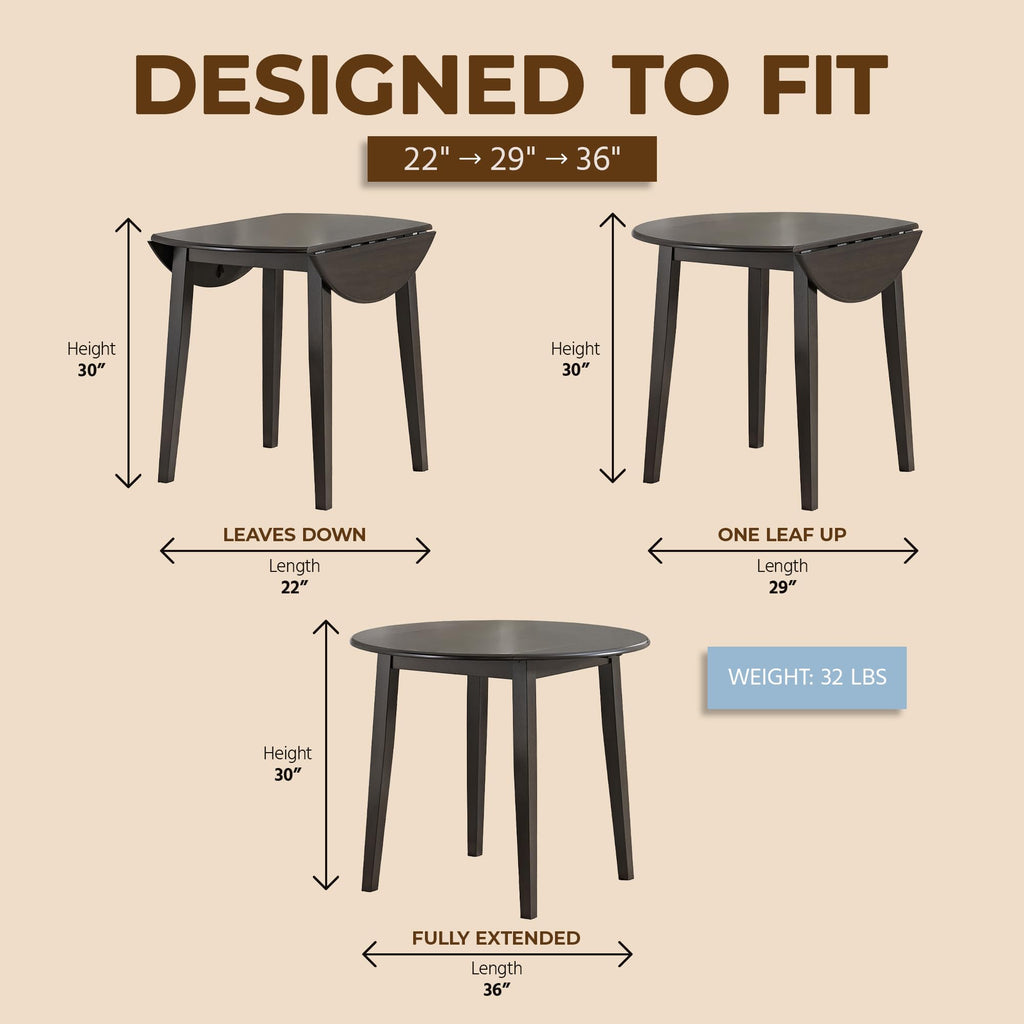 Hinged Drop Leaf Dining Table, 22-36" Round Tabletop, Dark Brown