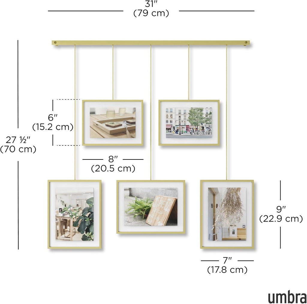 Exhibit Picture Frame Set, Adjustable Wall Mount, Set of 5, Brass | Steel construction, customizable layout