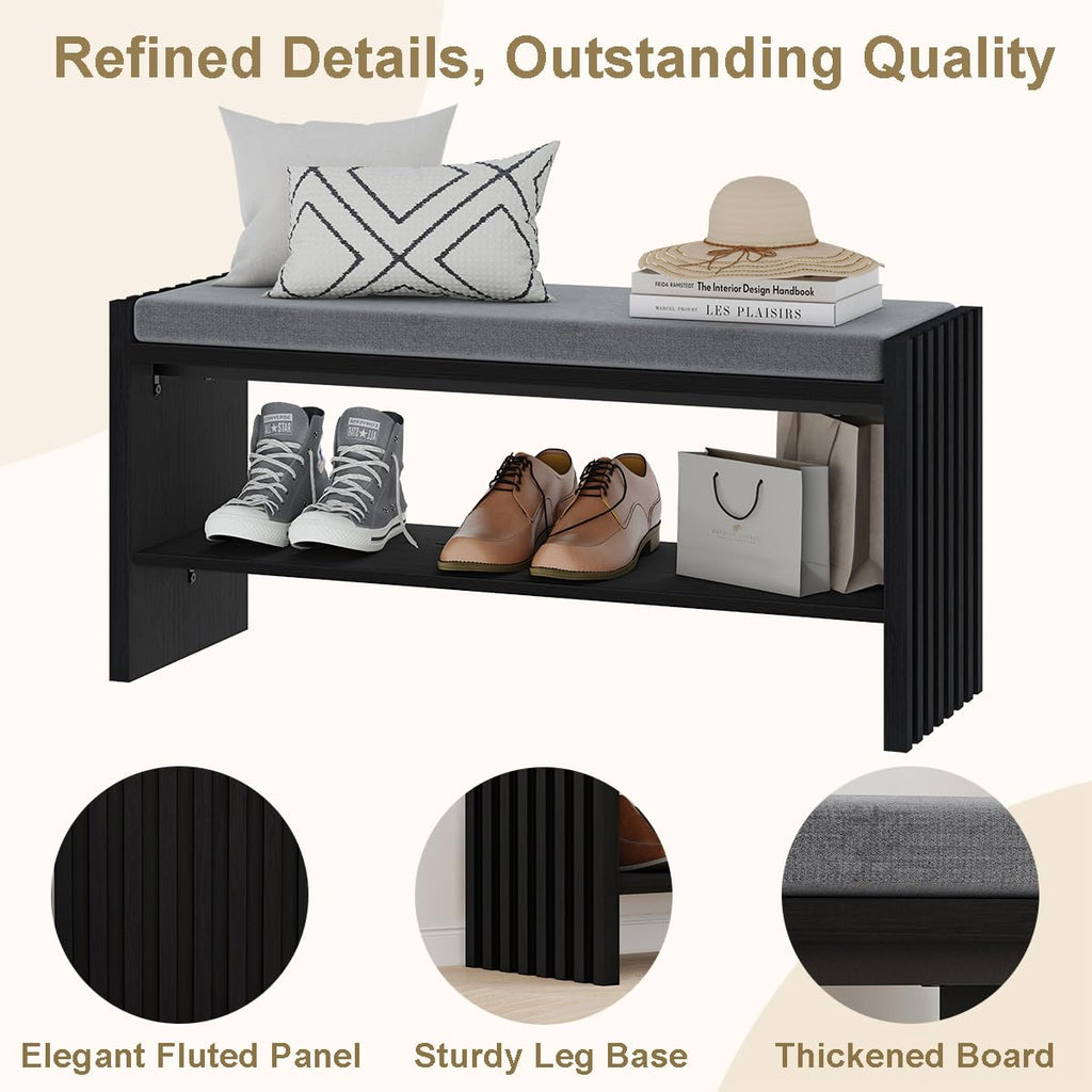 Entryway Shoe Bench with Storage & Cushion for Mudroom, Black