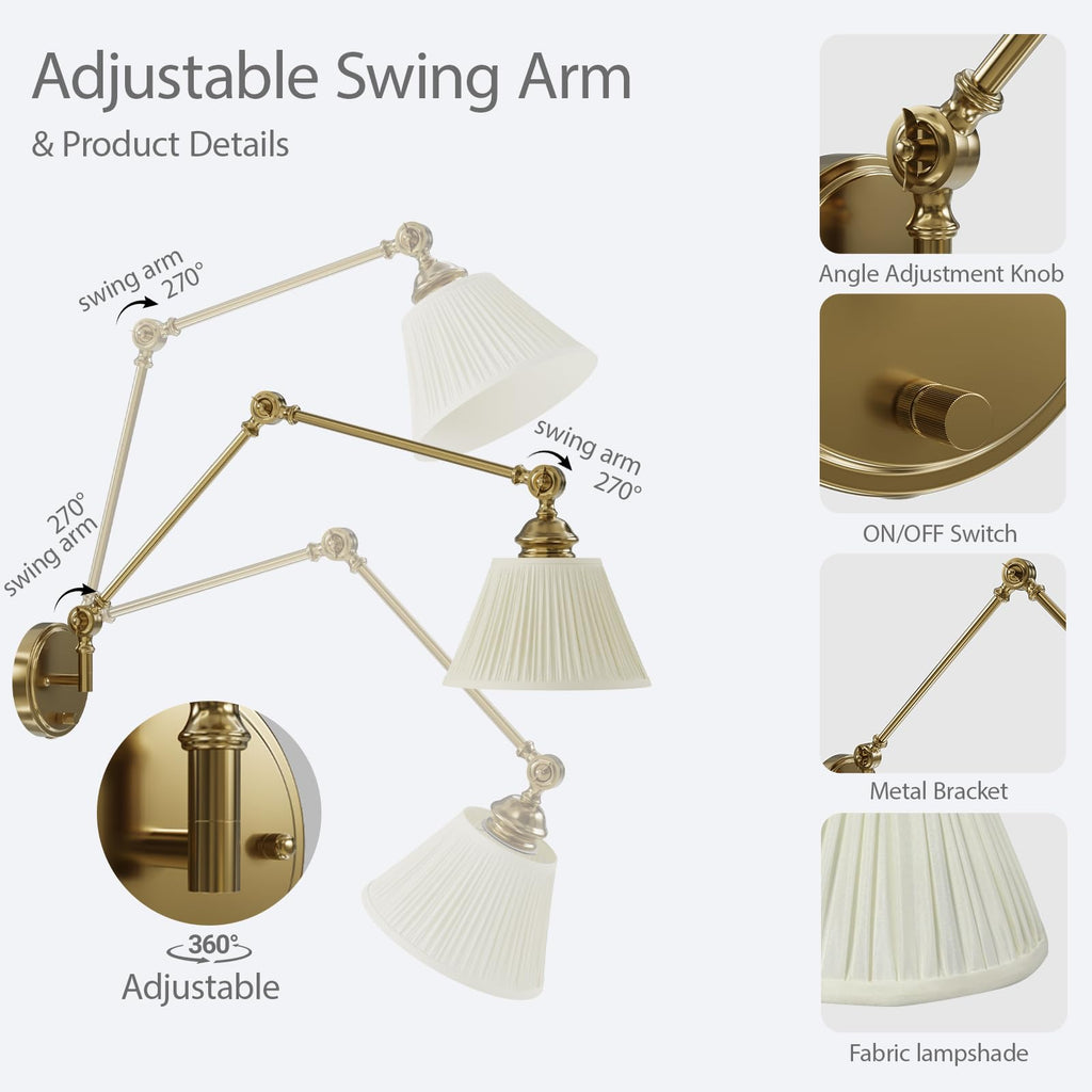 Plug in Wall Sconces Set of Two, Gold Swing Arm Wall Lamp with 6.6FT Plug-in Cord and Knob Switch, Fabric Hardwired
