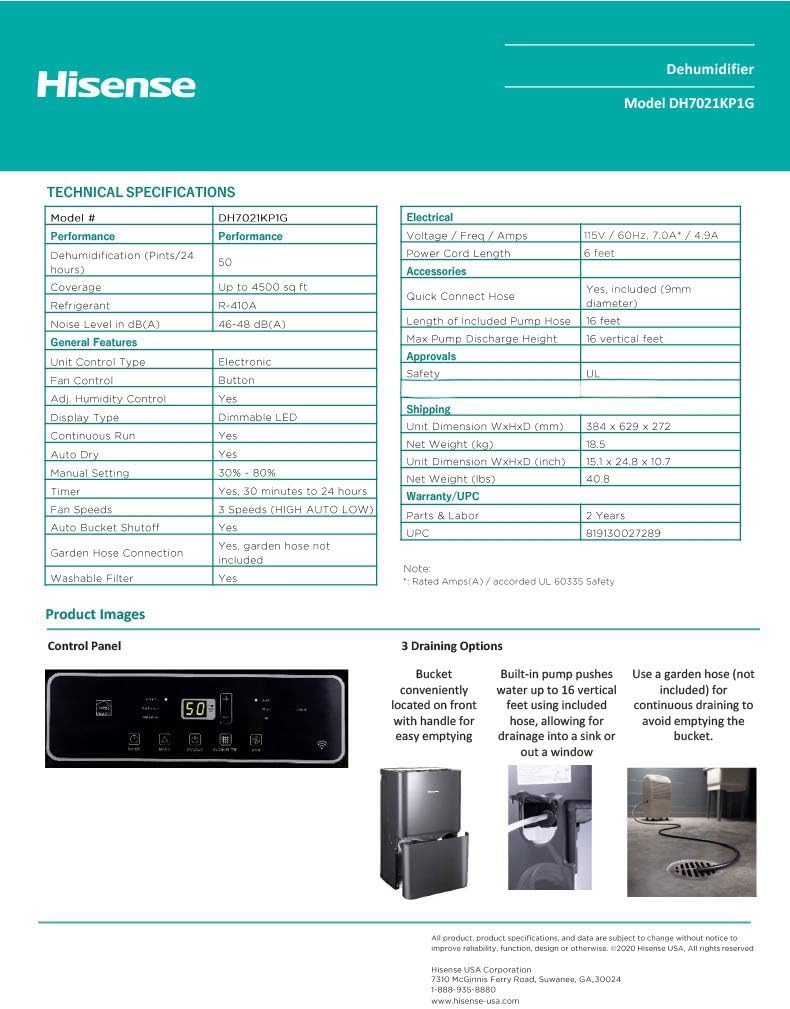 50-Pint 3-Speed Built-in Pump Dehumidifier, 3 Modes (Auto, Continuous, Manual), LED display, Noise level 48 dB