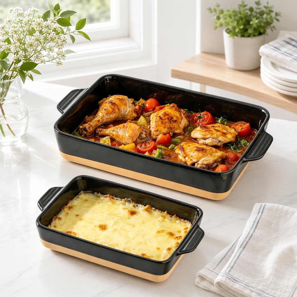 Ceramic Baking Casserole Dish with Handles, Large 9x13 inch Pan and Middle Baking Pan - Porcelain Serving Bakeware