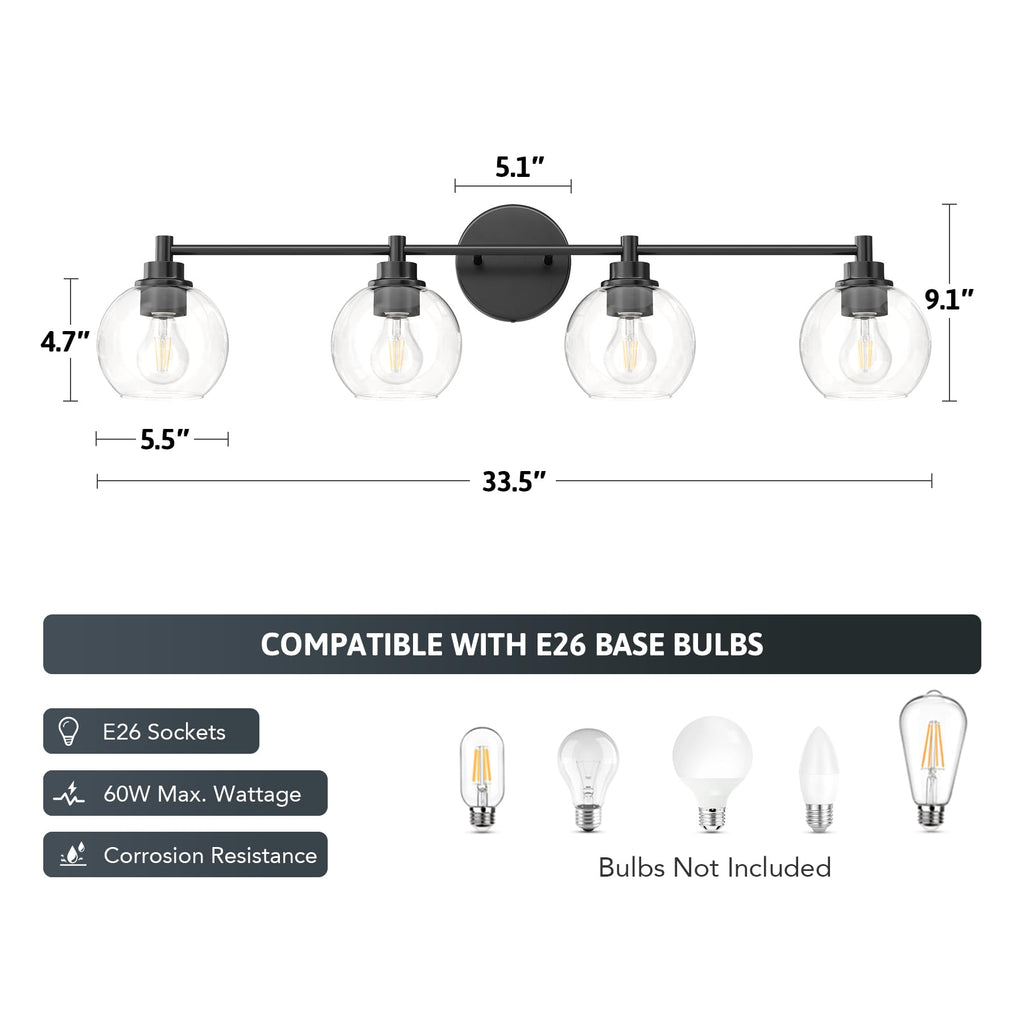4 Light Bathroom Vanity Light Fixtures, Black Finish