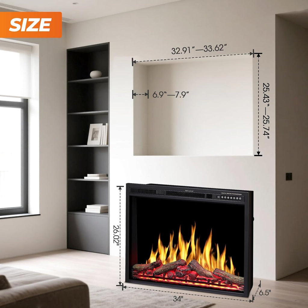 34" Electric Fireplace Insert, Adj.Flame & Log Colors, Remote, 750/1500W
