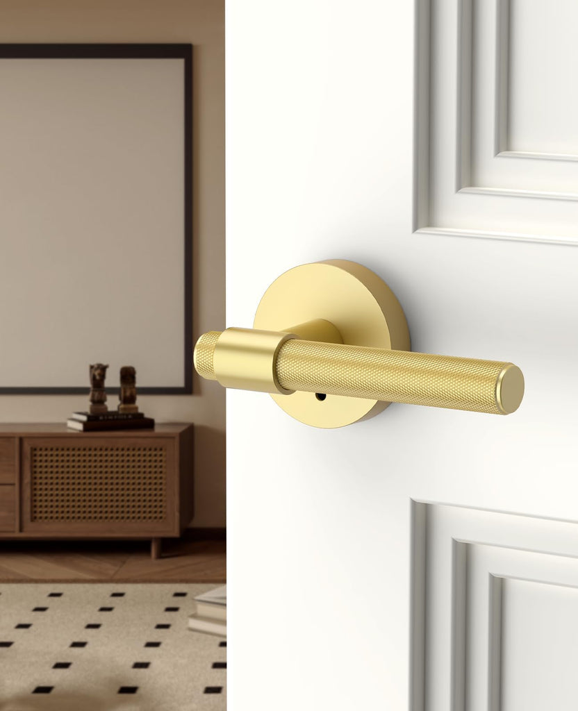 4 Pack Privacy Gold Knurled Door Handles, Door Lever with Door Knobs Indoor , Heavy Duty Brushed Gold Door Handles