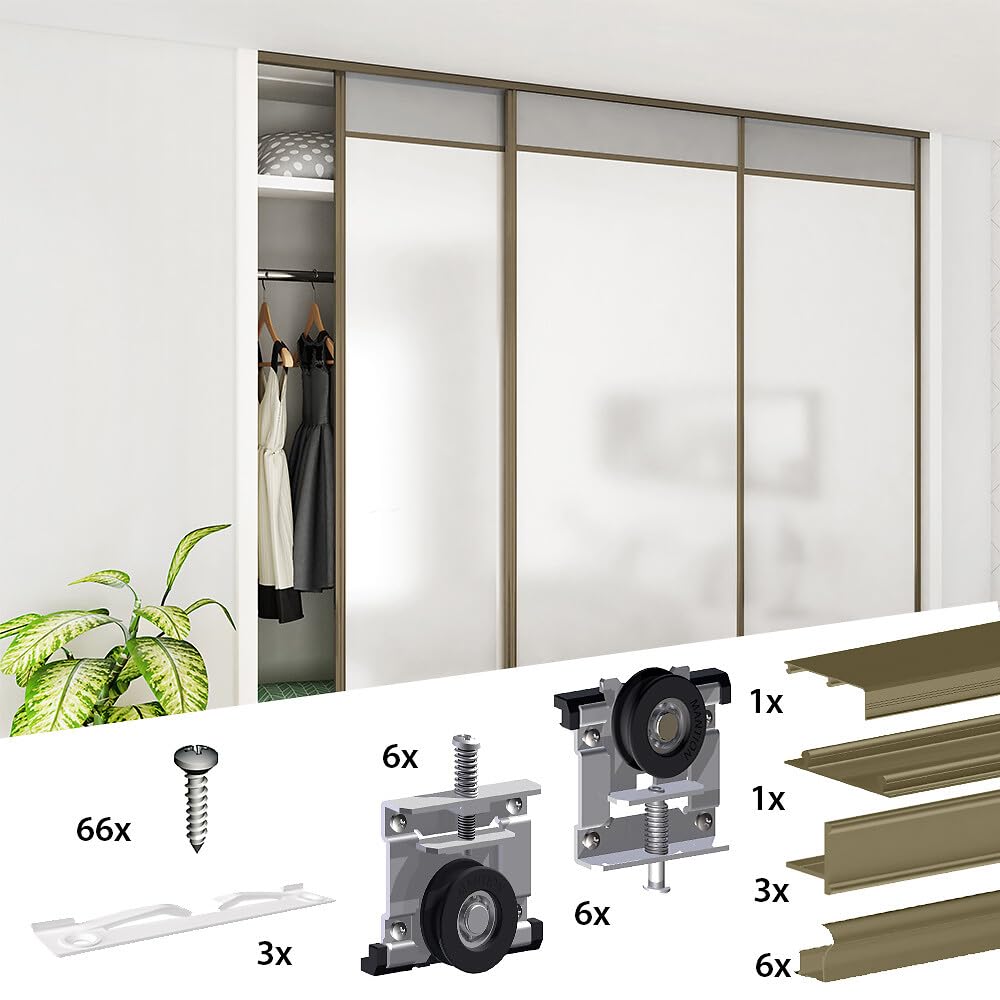 Sliding Closet Door Hardware Kit - 106-inch Track for 3 Bypass Doors Up to 155 Lbs - Bronze Color - SLID'UP 230