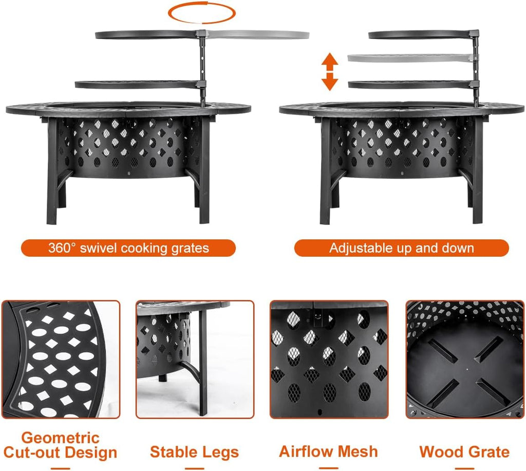 42 Inch Fire Pit with 2 Grills, Extra Large Wood Burning Fire Pits for Outside with Lid & Poker, Heavy Duty Firepit,BBQ& Outdoor Firepit & Round - Image 6