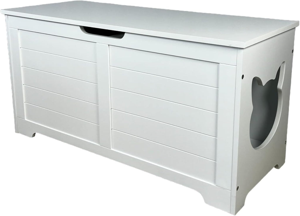 Top Open Cat Litter Box Enclosure Hidden Furniture Bench, Large Cat Washroom Cabinet and Indoor Storage Chest, Cream