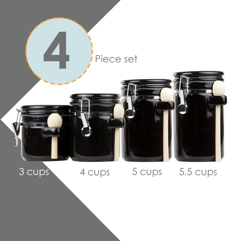Canister Sets For The Kitchen (4 Piece Set) Black, High Gloss Ceramic By Decorative Kitchen Set With Wooden Spoons
