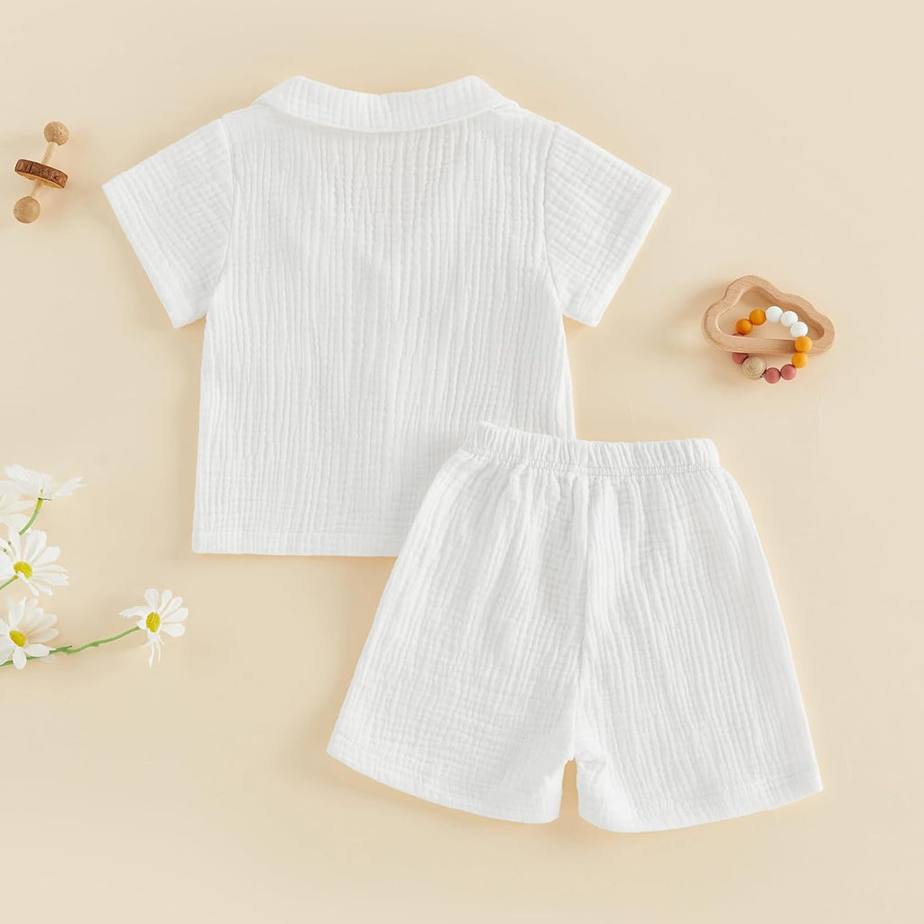 Toddler Baby Boy Summer Outfit Lapel Button Down Shirt Tops Cotton Gauze Shorts 2PCS Infant Little Boy Clothes Set
