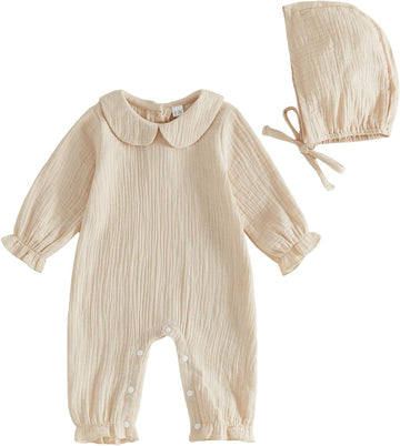 Newborn Coming Home Outfit Girl Baby Muslin Romper with Hat Hospital Set