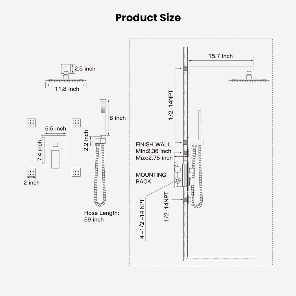 Rainfall Shower System with Full Body Jets 4pcs Matte Black