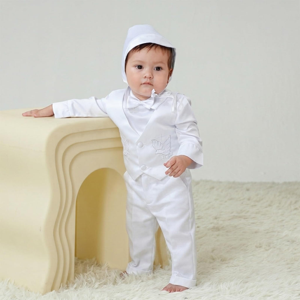 Baby Boys Baptism Christening Clothing Outfit White Satin Suit 4 Piece Set with Bonnet Months Long Sleeve