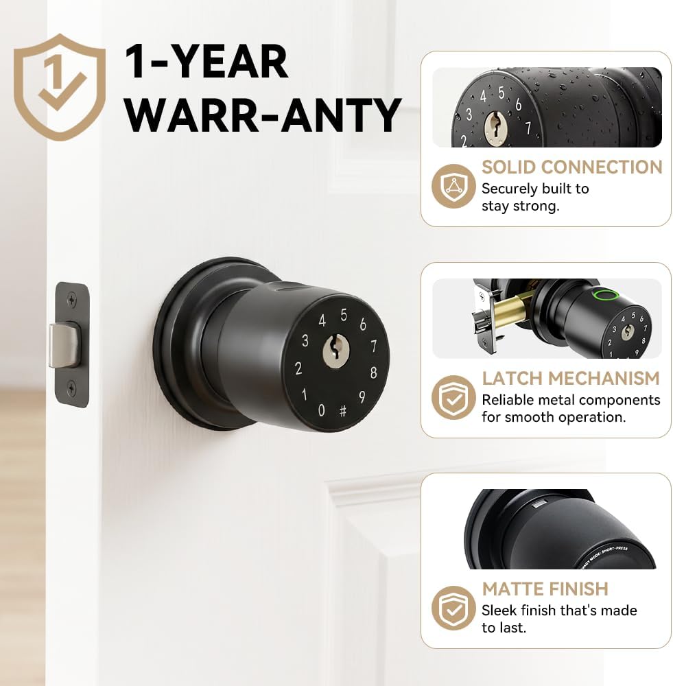 4-in-1 Smart Fingerprint Door Knob with App and Keypad, Matte Black