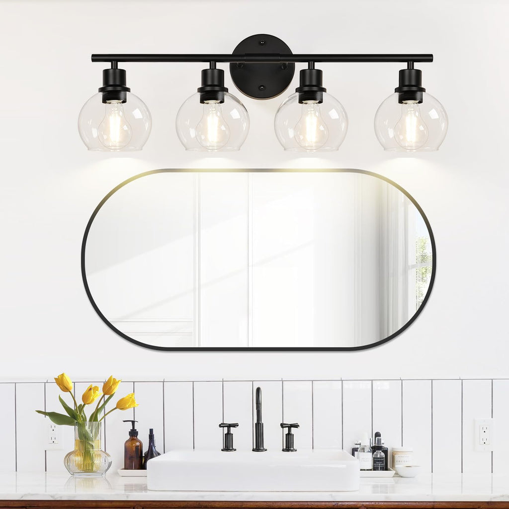 4-Light Bathroom Light Fixtures, Black Bathroom Lights Over Mirror with Clear Glass Globe Shade, Vanity Lights