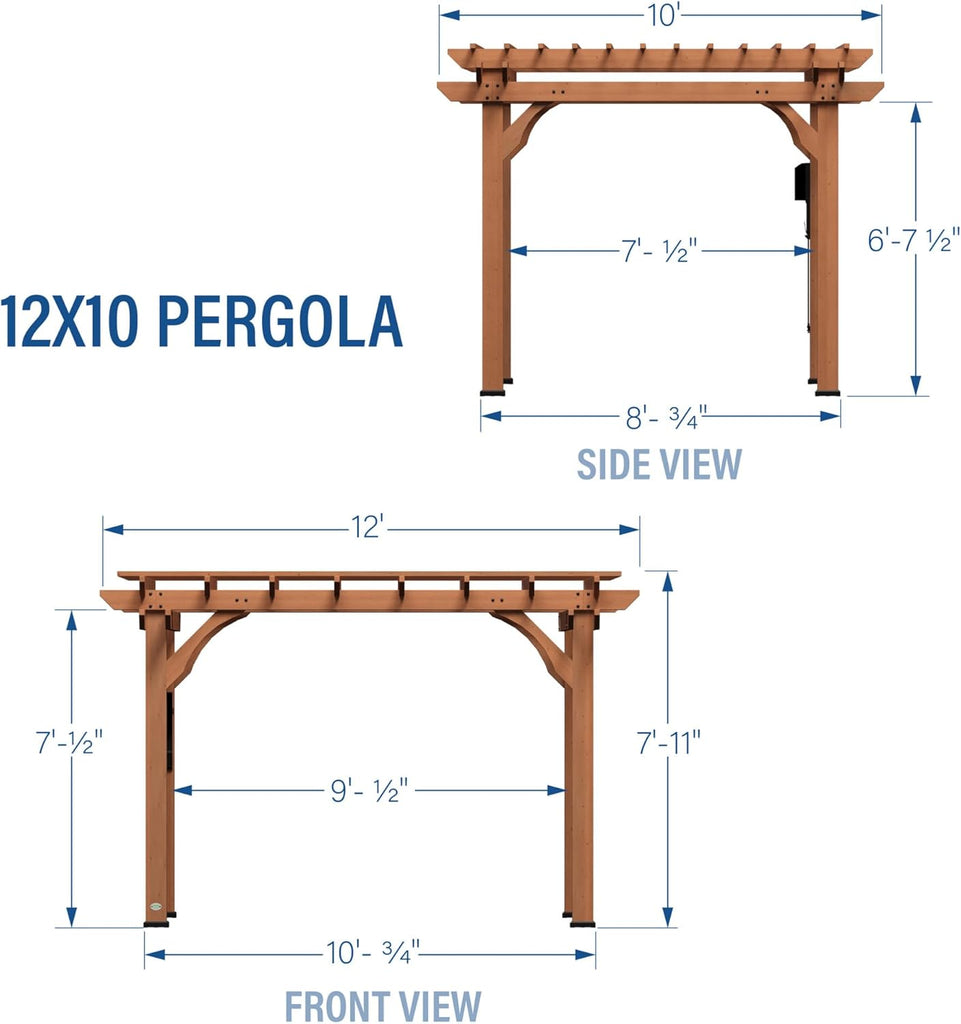 12' x 10' Traditional Cedar Wood Pergola Kit with Trellis Roof, All-Season Durability, High-Wind Rating