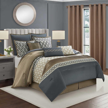California King Comforter Set, Grey Brown, 12 Piece Room in a Bag All Seasons, Luxury Extreme Comfort Bedding Sets