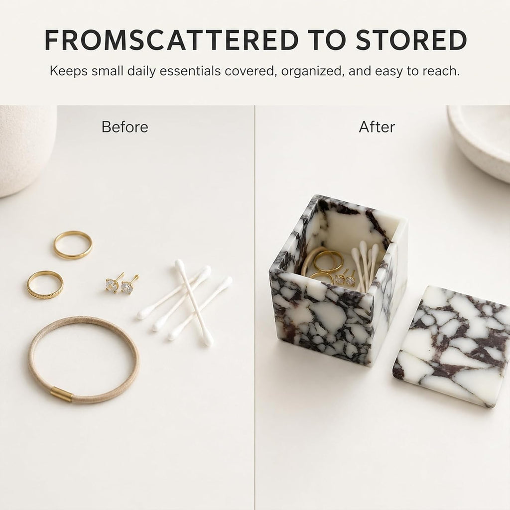 Natural Marble Square Storage Box with Lid, 3.94