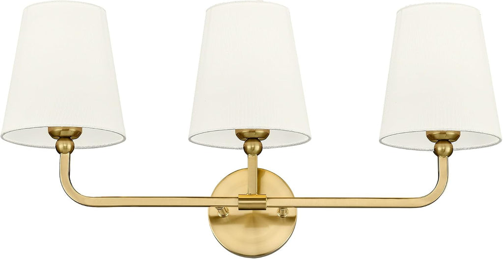 3-Light Brushed Gold Bathroom Vanity Light, Beige Fabric Shades | 24.5" bathroom light fixtures over mirror, upward