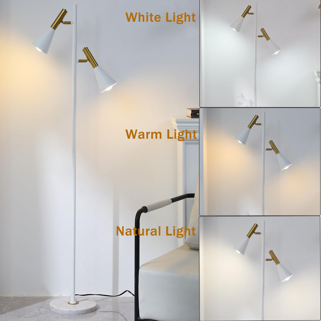 Elegant Modern Floor Lamp with 2 Adjustable Head, White and Gold Stand up Lamps with Marble Base, Tall Pole