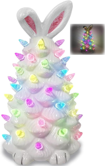 Lighted Easter Bunny Decorations, Ceramic Bunny Tree Figurine Night Lights, 10" Easter Gifts Cute Ornaments Table