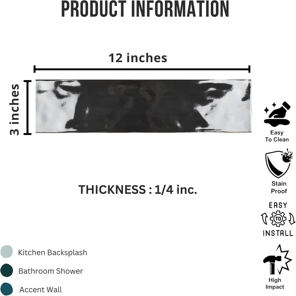 Glossy Black Ceramic Subway Tile 3x12, Handmade Look Wall Tile, Rustic Artisan Zellige Style Backsplash Bathroom