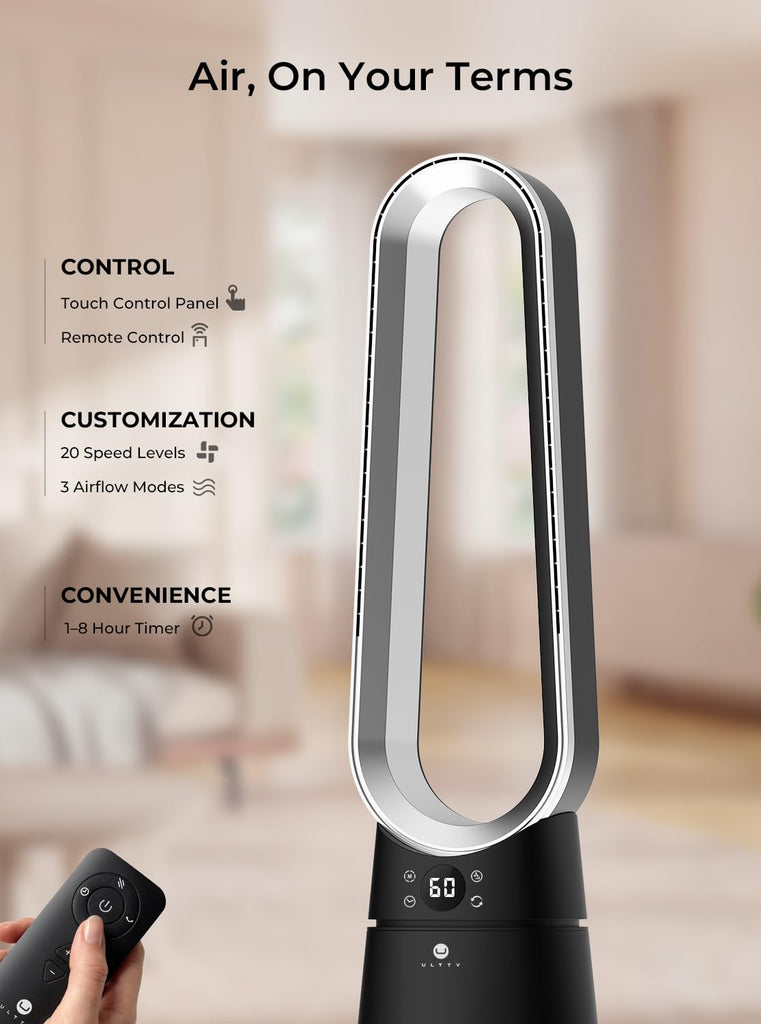 Bladeless Tower Fan , 20 Speeds 3 Modes, Standing Fan with Remote, 8H Timer, 38" Quiet Tower Fan, 120° Oscillation