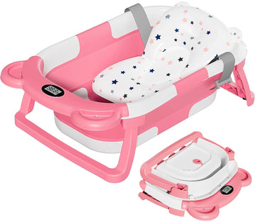 Collapsible Baby Bathtub, Baby Bath Tub with Soft Cushion & Real-Time Thermometer, Baby Bathtub Infant to Toddler Tub