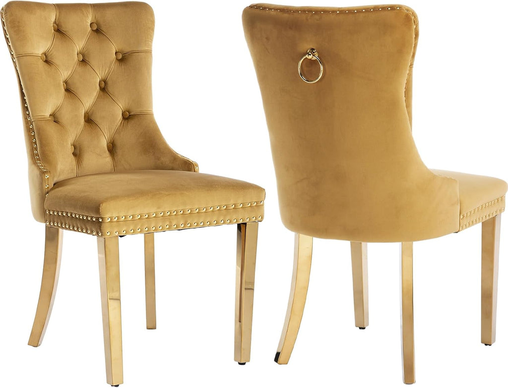 Velvet Dining Chair Set of 2, Tufted Upholstered High Wingback Chairs with Nailhead Trim, Pull Ring Back, Gold