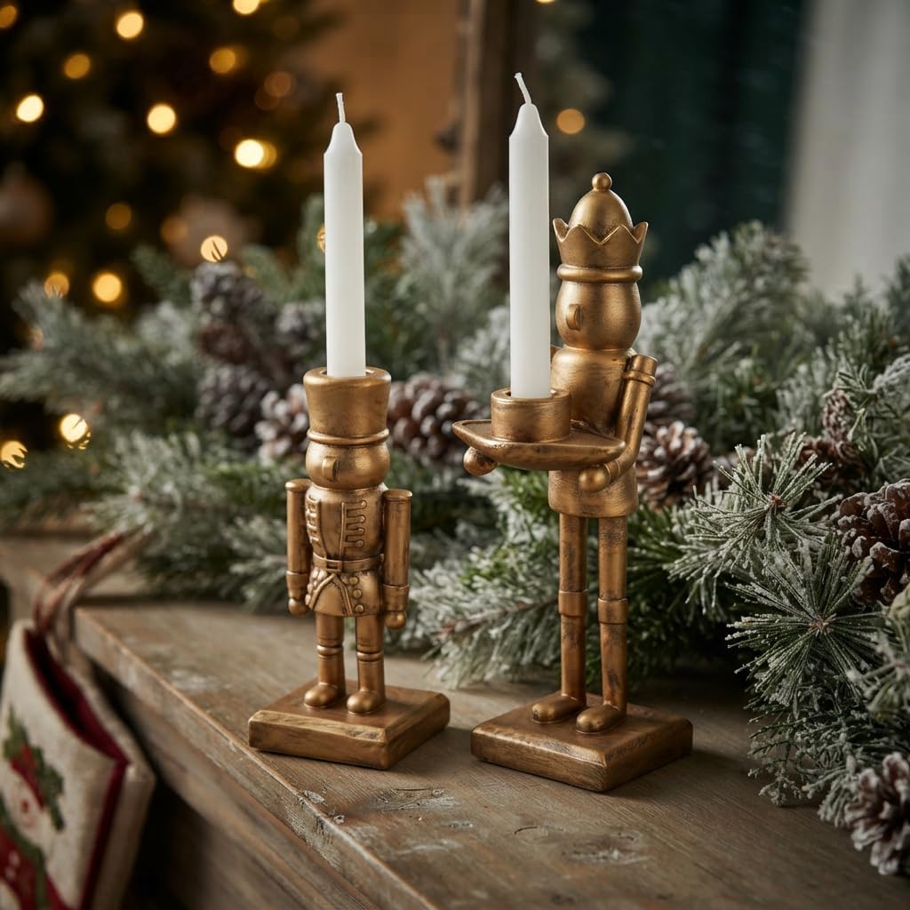 Nutcracker Taper Candle Holders, Gold Resin, Set of 2