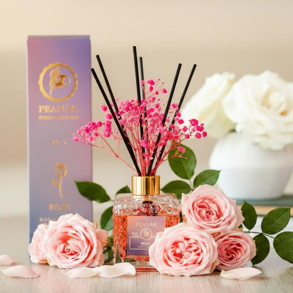 PEANÄK Reed Diffuser Set - Sandalwood Rose Fragrance 6.7oz (200 ml) - Real Preserved Flowers & 8 Reed Sticks Shelf