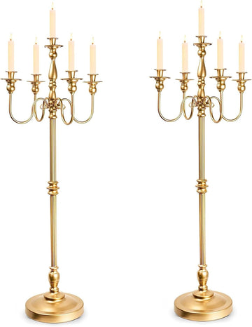 Gold Candelabra, 50'' Tall Floor Candle Holders, 2 Pcs Metal 5 Arm Centerpiece Decorations for 5 Candlesticks Party