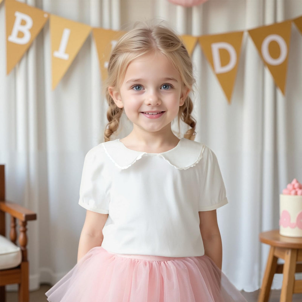 Kids Baby Girl Long Sleeve Collar Shirt Toddler White Blouse Puff Short Sleeve T-Shirt Solid Color Basic Top Bottom