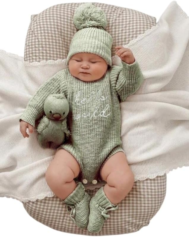 Knit Sweater and Beanie Hat Set, Pom Pom Detail, Long Sleve, Round Neck.