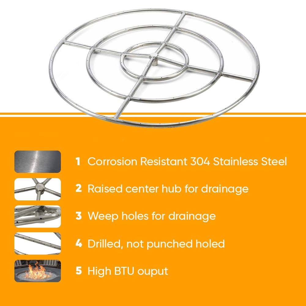 Round Match Lit Fire Pit Burner Kit with 24-Inch Stainless Steel Burner, Natural Gas, Polished