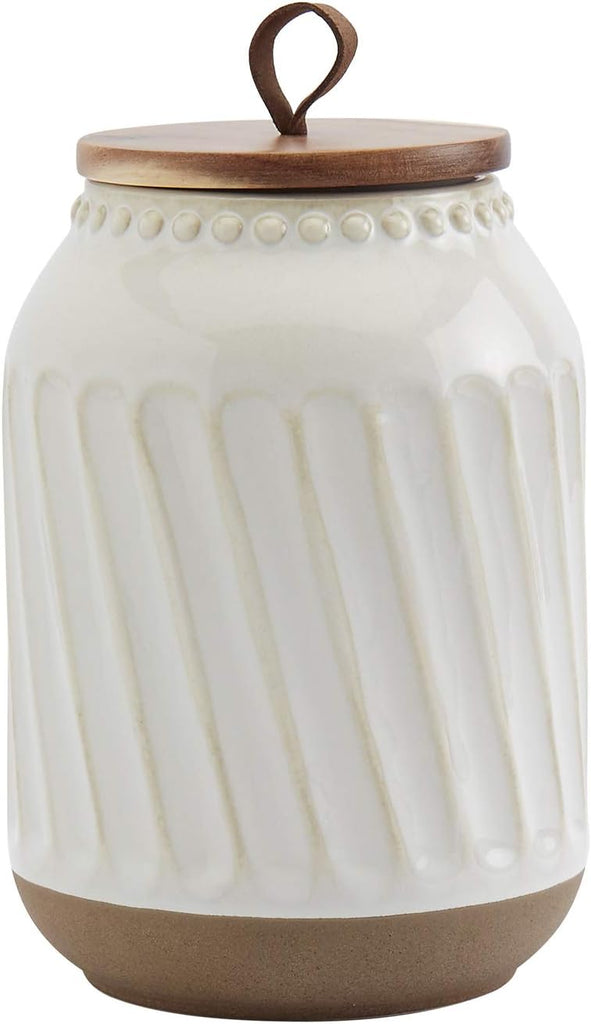 Tabletops Gallery Ceramic Canister Collection- Stoneware Designed Kitchen Storage Embossed Acacia Wood White Set, 3 - Set of 3