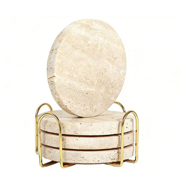 Beige Marble Coasters Set of 4, Travertine Coasters with Holder